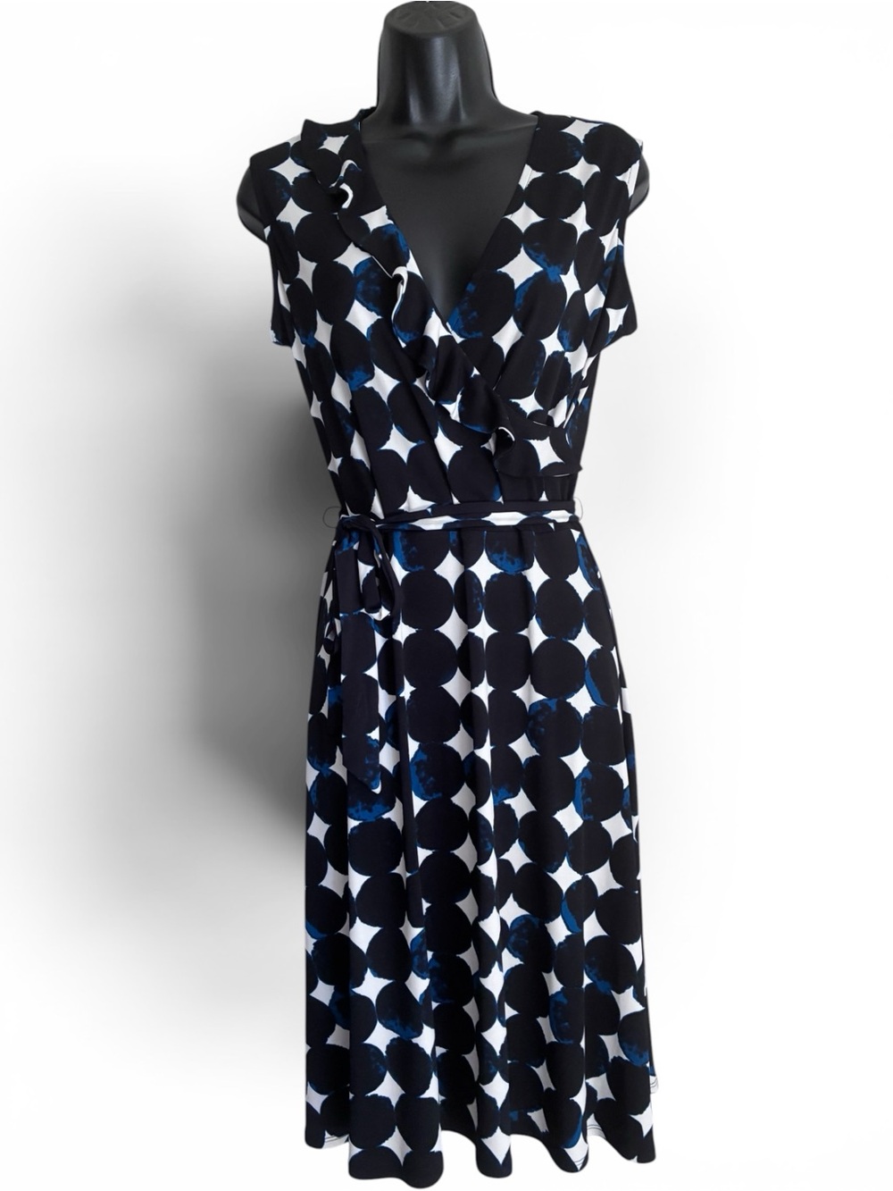 Leota Black & White Mod 60s Geometric Wrap Jersey Dress Blue White Sz M